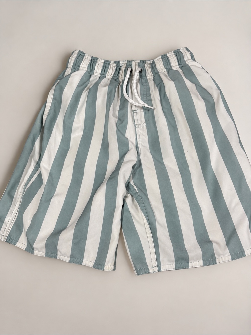 Class Club Kids Vertical Stripe Swim Trunks – White & Sage Green